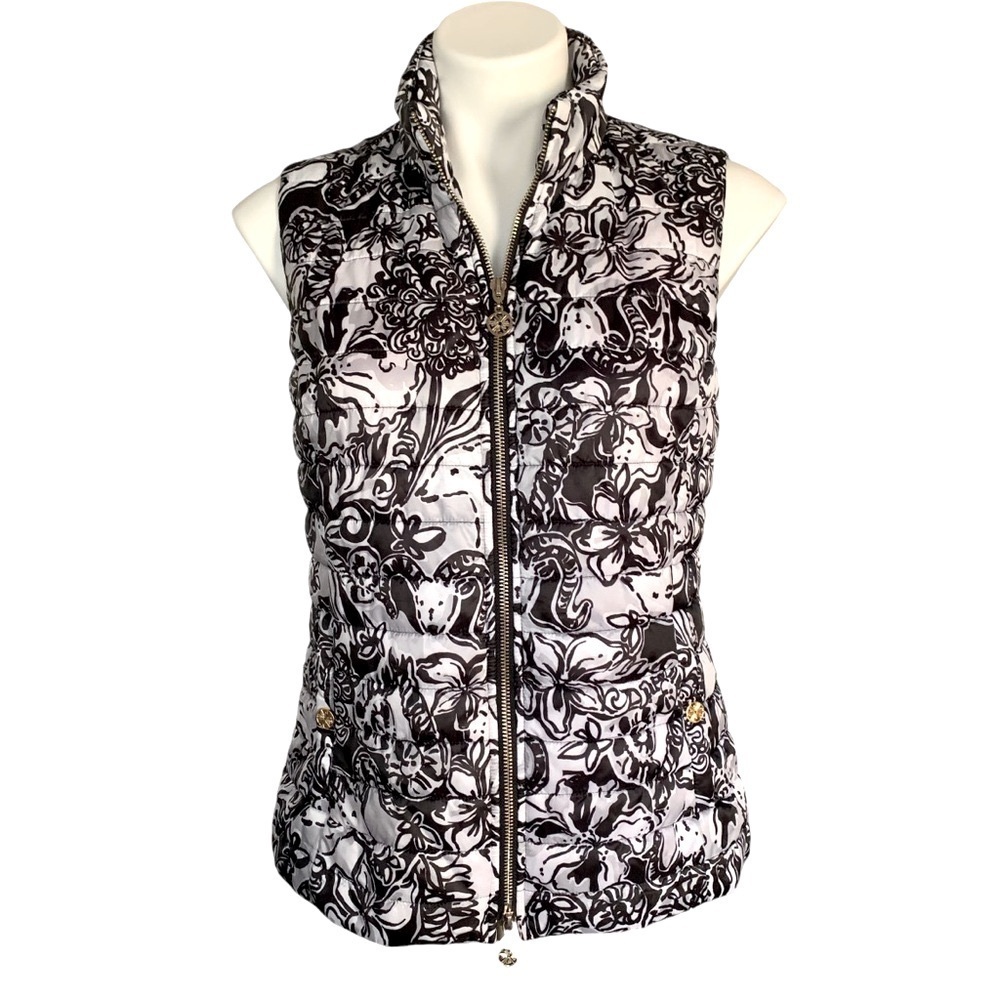 Lily Pulitzer With A Twist Elyn Black & White Floral Puffer Vest Sz S - Picture 2 of 11